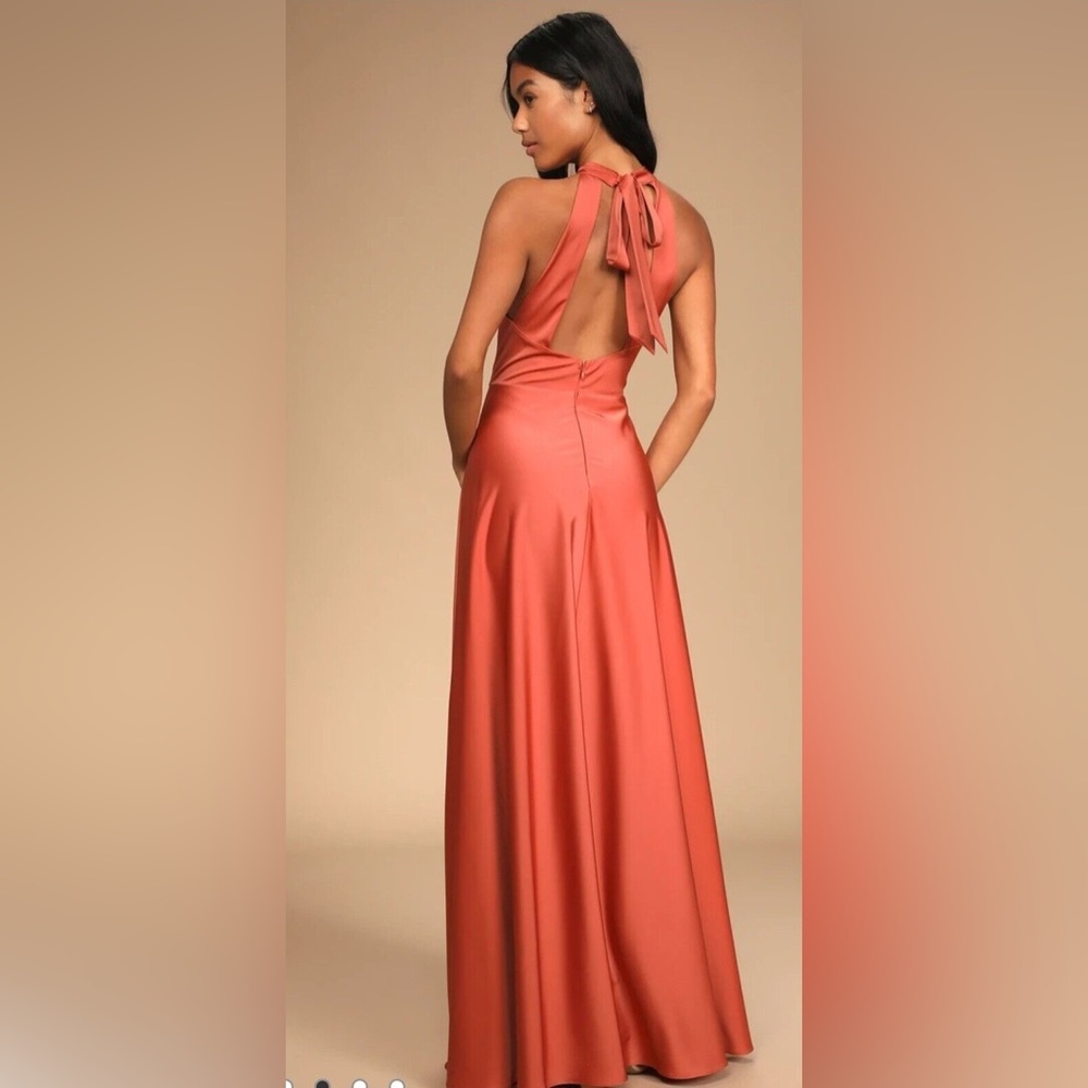Lulus Elegant Entrance Terracotta Satin Tie-Back Maxi Dress